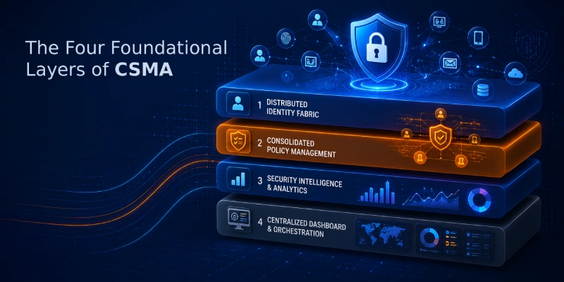 Cybersecurity Mesh Architecture visual representation showing distributed security nodes connected in a mesh topology across cloud, endpoint, and identity layers